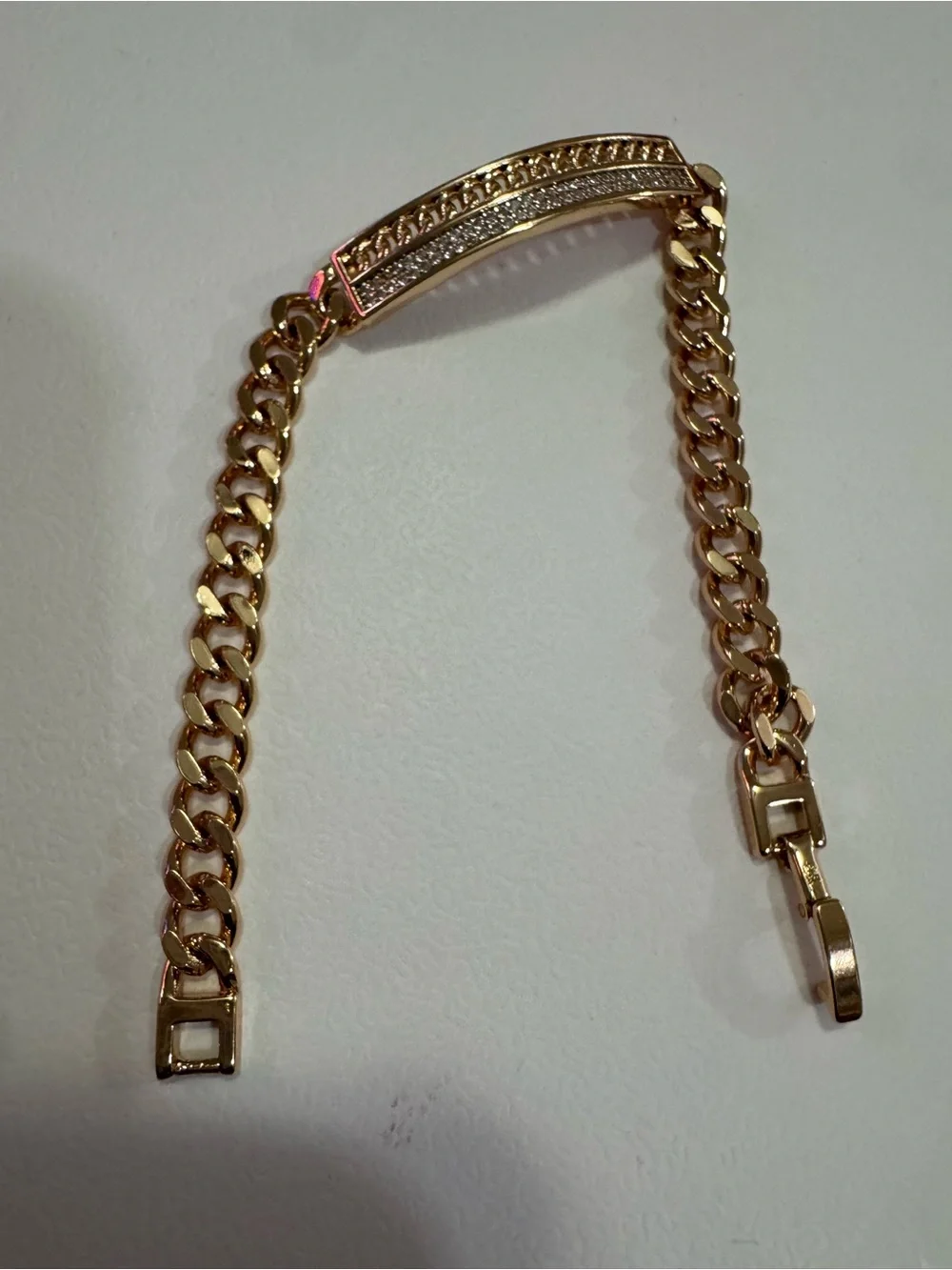 Gold-Tone Curb Chain Bracelet with Pave Bar